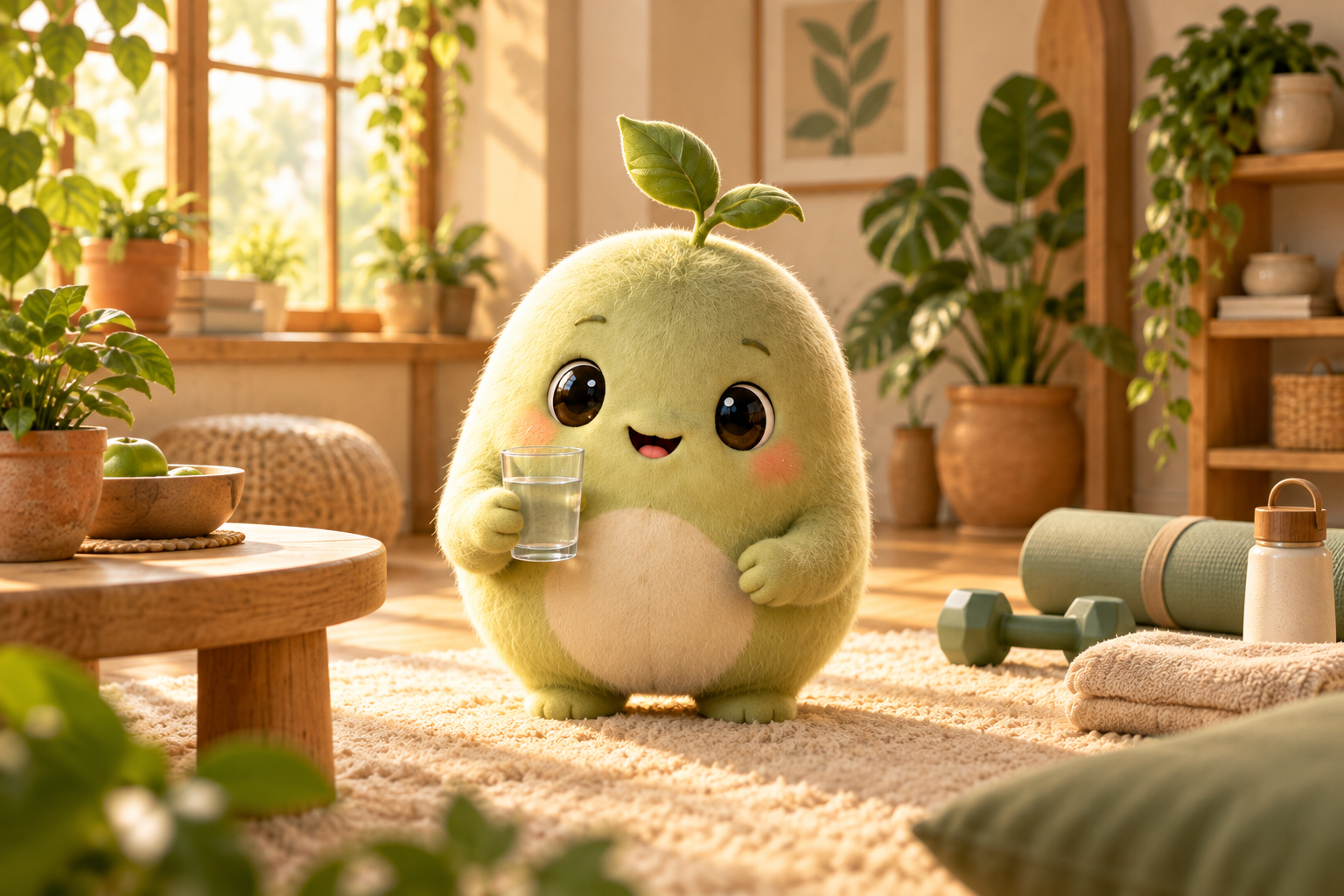 Sprout, Foleil’s leaf companion, in a sunlit room